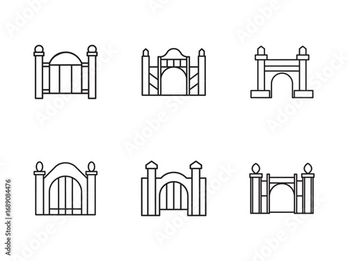 Collection of Minimalist Gate Icons Black and White Line Art Depicting Diverse Architectural Styles and Entryway Designs for Various Applications