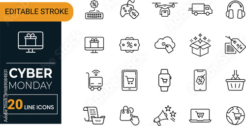 Vector Outline Cyber Monday Icons | E-commerce, Sale, Cart, Tag, Voucher, Offer, Retail Pack
