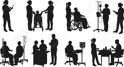 Medical healthcare silhouettes showing nurse, patient in wheelchair, IV drip, doctor consultation, and medical treatment scenes in black vector.