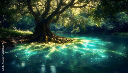 Enchanting tree with luminous roots extending into serene, sparkling water. Lush forest surrounds. Magical ambiance