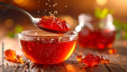 Serving Red Jam or Jelly with Spoon Over Glass Bowl on Wooden Table