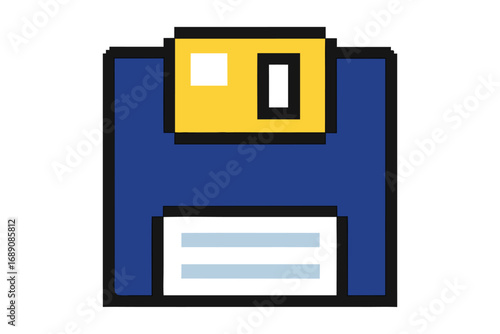 Retro Floppy Disk Pixel Art in Blue and Yellow with White Background Icon