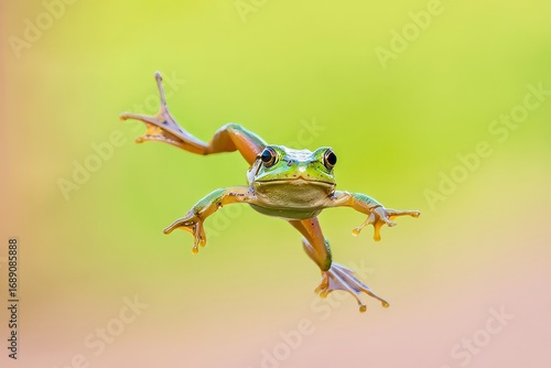 Green Tree Frog Mid-Jump Against Blurred Background
