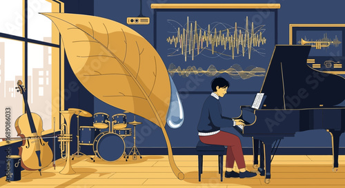 A musician surrounded by instruments playing the piano with music sheet and a drop