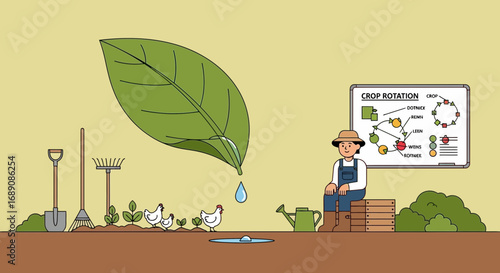 Farmer illustration depicting sustainable agriculture practices and crop rotation methods for