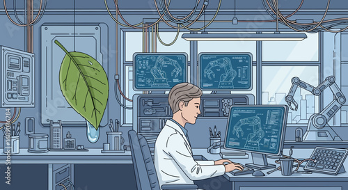 Futuristic biotechnology lab illustration showcasing plant research and robotic engineering