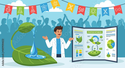 Science fair presentation showcasing photosynthesis with a scientist explaining the process with