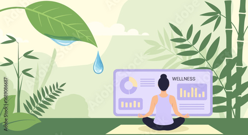 Serene wellness retreat concept with yoga practice in nature and personal health data visualization
