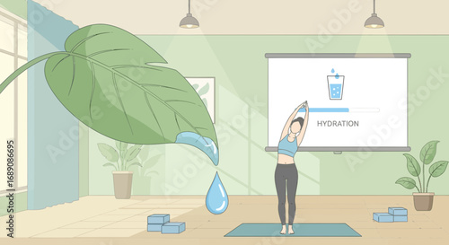 Stay hydrated with yoga and a green plant concept for wellness illustration