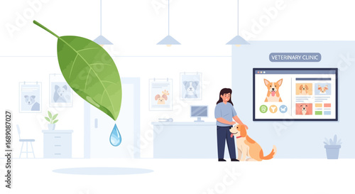 Veterinary clinic scene with a woman and her dog in the waiting room illustrating the concept of