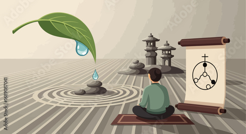 Zen garden illustration with meditation symbolism and serene nature representation promoting