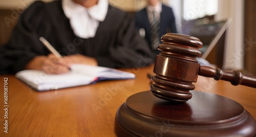 Judge's Gavel on Podium with Legal Documents in Background