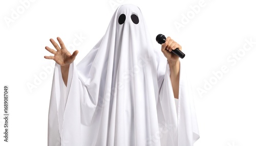 Singing Ghost Costume on White Background with Microphone