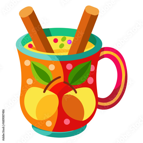 Colorful illustration of a steaming mug of apple cider with cinnamon sticks
