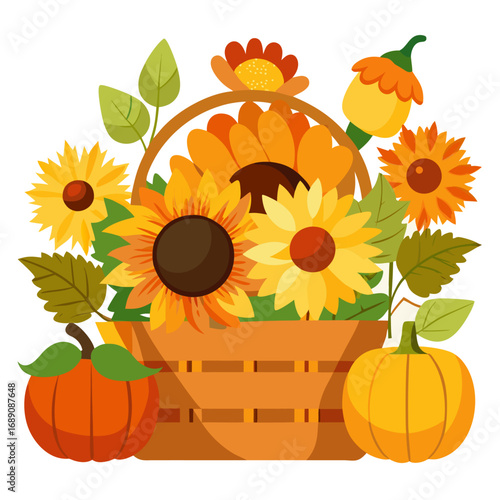 Autumn harvest basket overflowing with sunflowers and pumpkins