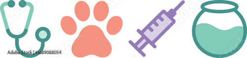 Veterinary icons set stethoscope paw print syringe fish bowl healthcare vector
