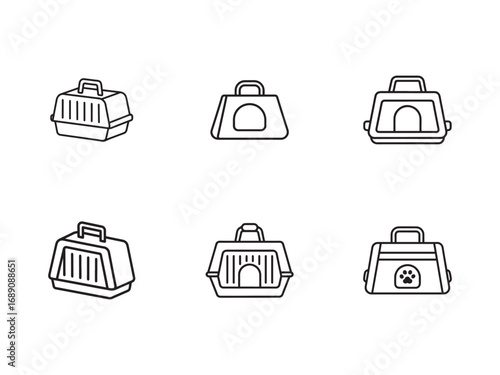 Collection of pet carrier icons for cats and dogs various carrier styles line art illustration transport cages for pets on white background
