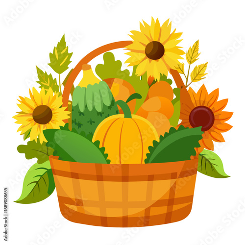 Autumn harvest basket overflowing with sunflowers and squash