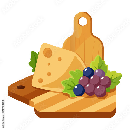 Rustic wooden cutting board with cheese and grapes illustration
