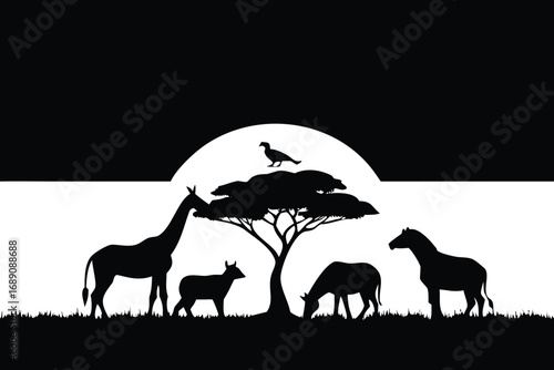 Silhouette of a rhinoceros with a horn on a white background animal wildlife