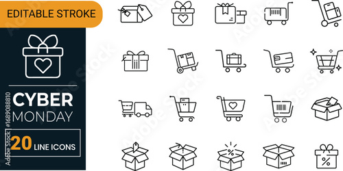 Cyber Monday Sale Outline Icons | Discount Label, Gift Box, Shopping Bag, Price Tag, Retail Set