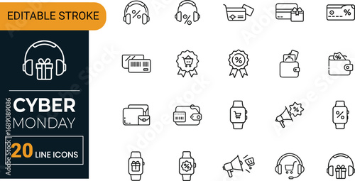 Editable Cyber Monday Icons | Sale, Retail, Voucher, Coupon, Basket, Market, Promo Vector Pack