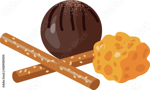 Gourmet chocolate sphere hot cocoa bomb with pretzel sticks and marshmallows vector