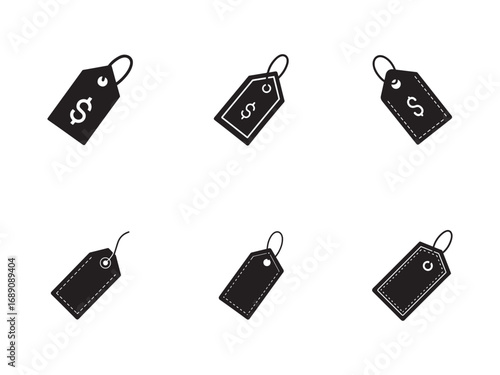 Collection of price tags in black and white vector illustration featuring retail sale and commerce