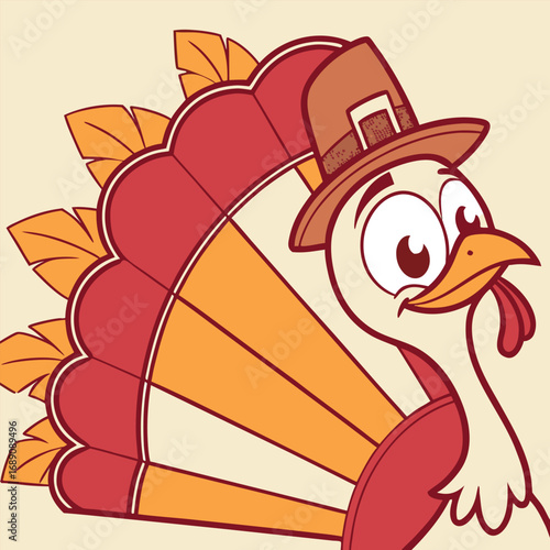 Cartoon turkey smiles while proudly wearing a traditional pilgrim hat for Thanksgiving celebrations