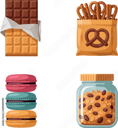 Assorted sweet snacks collage delicious chocolate bar macarons pretzels and cookies in jar vector