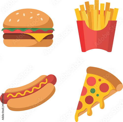 Delicious fast food icons burger hot dog pizza fries vector graphic isolated vector
