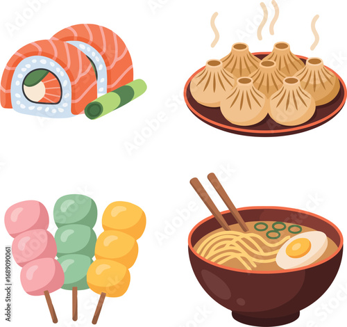 Japanese and chinese food collage salmon sushi dumplings ramen dango dessert vector