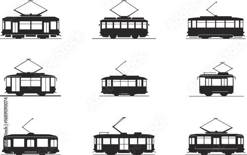 Vintage tram vector set, electric trolley illustrations, retro streetcar icons, public transport graphic design, urban commute silhouette artwork, railway transport