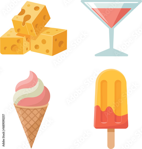 Gourmet cheese cubes cocktail drink ice cream cone & popsicle set vector
