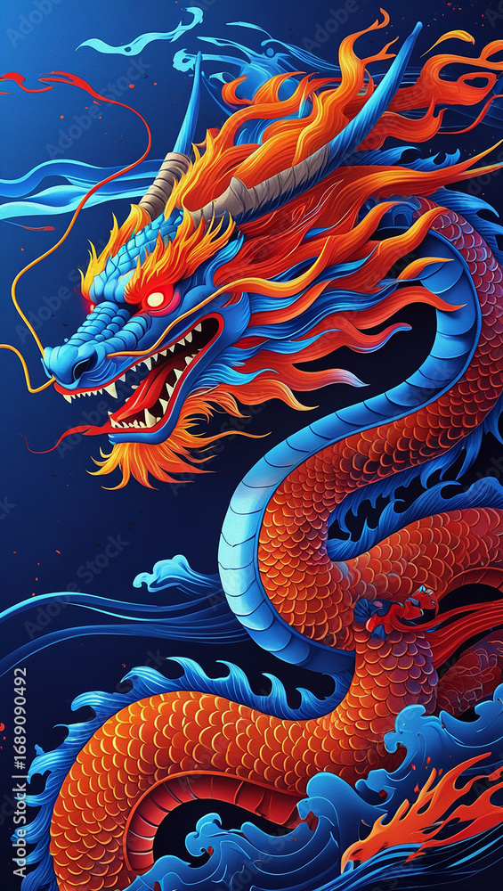 Obraz premium red dragon on blue background