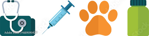Veterinary clinic icons syringe stethoscope paw print medicine bottle for animal care healthcare services vector
