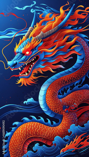 Wallpaper Mural red dragon on blue background Torontodigital.ca