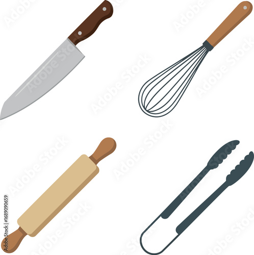 Culinary tools assortment chef knife rolling pin whisk tongs cooking kitchenware food preparation equipment vector