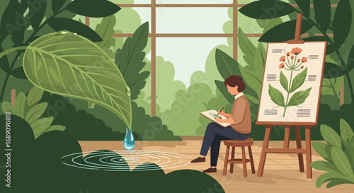 Botanical illustration in a serene greenhouse environment showing artistry and nature