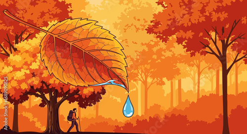 Autumnal adventure hiker illustration through golden forests with giant leaf