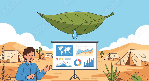 Business professional presenting environmental conservation strategy at desert camp