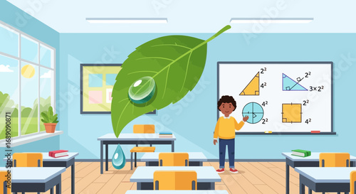 Cartoon illustration of classroom with student leaf water drop and mathematical equations