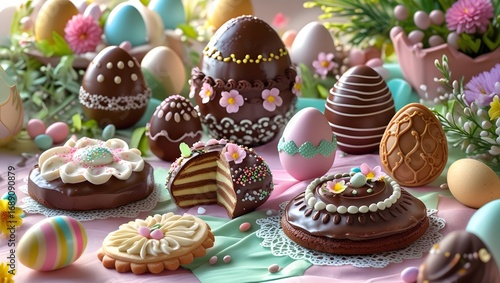 a festive Easter-themed dessert table featuring an assortment of homemade chocolate egg cookie cake pastry biscuits, with intricate designs and decorations
