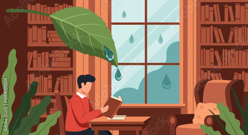 Cozy Rainy Day Reading Nook: A Tranquil Scene of Indoor Comfort and Literary Escape