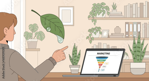 Digital marketing strategy presented in a modern office setting with natural elements