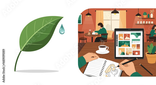 Creative process illustration combining environmental concept and digital design workflow
