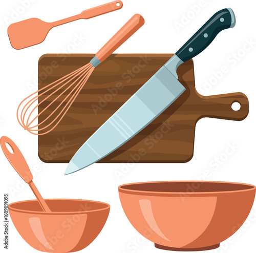 Culinary tools chef knife whisk spatula bowls cutting board kitchenware food preparation flat lay isolated vector