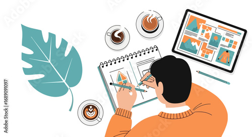 Creative professional drawing sketches with tablet and coffee in modern workspace vector