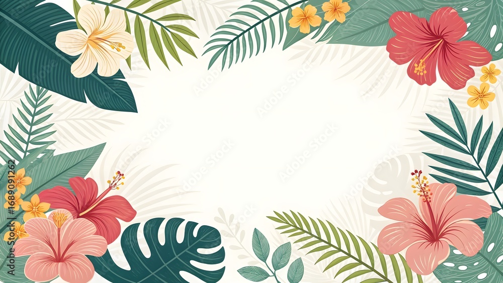 Obraz premium Tropical Floral Frame Background with Plumeria and Palm Leaves