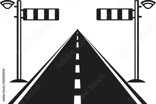 Road With Wind Sock On White, Highway Landscape With Street Lights Icon